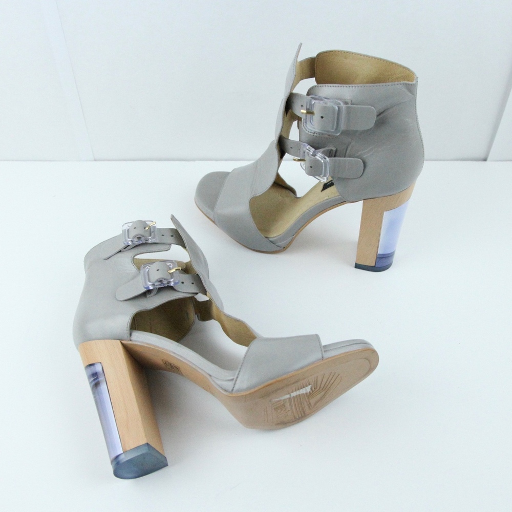 Miista Grey Leather Sandals Prism Heel Chunky Wood